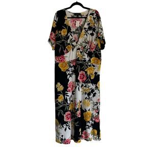 NWT Lane Bryant Floral V Neck Midi Dress Black Yellow Pink Floral Size 26 / 28